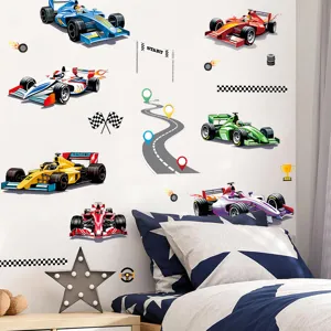 Cartoon F1 racing car wall stickers for kids bedroom, self-adhesive PVC room wall decor.