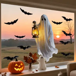 Halloween Ghost Bat Wall Sticker Self Adhesive PVC Window Decal Removable Horror Spooky Pattern Ornament For Holiday Home Party Decoration