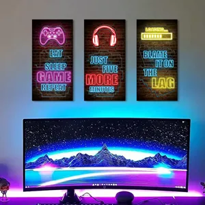 Neon Style Gamer Wooden Wall Decor Triple Gaming Signs For Bedroom Esport Room Home Office Gaming Wall Art Gift For Players