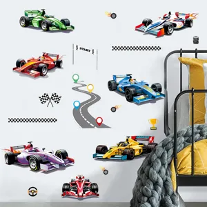 F1 Racing Car Cartoon Wall Stickers For Boys Bedroom Nursery PVC Self-Adhesive Wall Decals Race Track Decoration For Kids Room