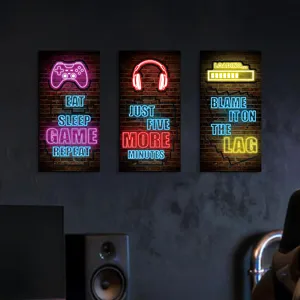 Gamer wall art set with neon style canvas decor for bedroom or esports room design.