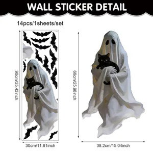 Halloween ghost wall sticker set with cute black cats and bats for party window decor.