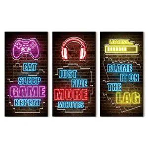 3-piece wooden gamer wall art set, neon style neon signs aesthetic decor for e-sports rooms.