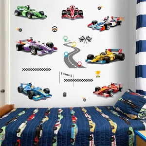 F1 racing car cartoon wall stickers for kids bedroom, self-adhesive PVC room decor decals.