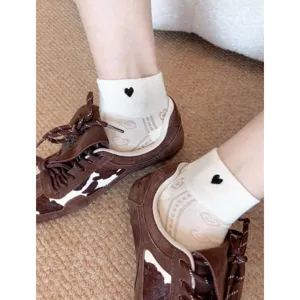 Women breathable short socks with cute black heart embroidery and hollow design for spring summer