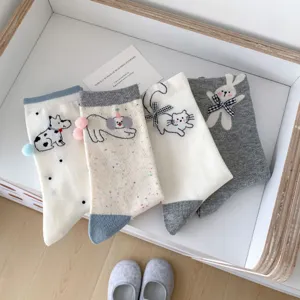 Cute cartoon socks for women mid tube cotton socks with bows and plush pom pom designs.