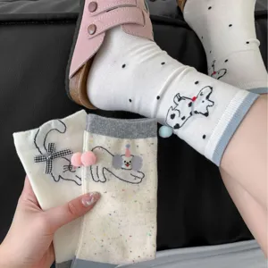 Cute cartoon dog cat print mid-tube socks with sweet pompom bowknot for women daily wear