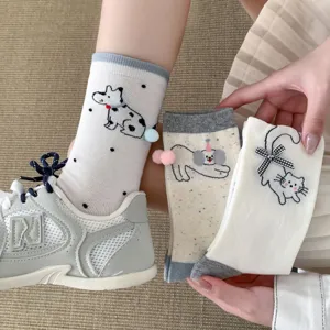 Cute cartoon dog cat women mid-calf socks with bow and pom pom sweet style daily wear