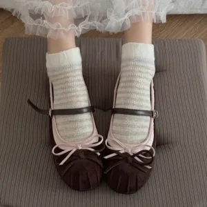 Calzini corti a righe stile giapponese da donna con fiocco carino scarpe Mary Jane.