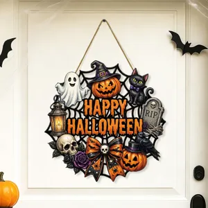 Targa sospesa in legno di Halloween con gatto nero zucca ragnatela decorazione murale