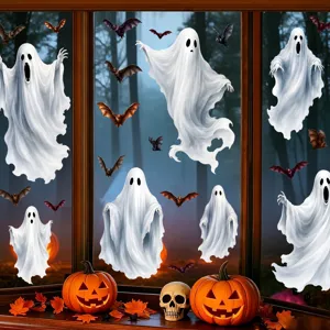 Halloween Statische Fensterbilder Weißer Geist Fledermäuse Fensteraufkleber PVC Dekofolie Für Wohnzimmer Festliche Party Haus Dekoration