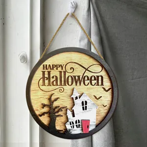 Halloween wooden hanging sign haunted house wall decor rustic holiday party ornament