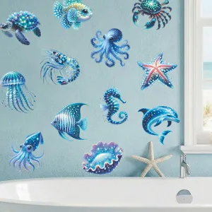 Nahaufnahme leuchtender blauer Meeres-Tier-Wandaufkleber, wasserdichtes PVC-Badezimmer-Dekor.