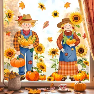 Thanksgiving Static Cling Autumn Scarecrow Sunflower Window Sticker PVC Glass Decal For Kitchen Living Room Home Decor