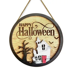 Halloween wooden hanging sign haunted house dead tree wall decor party wooden sign