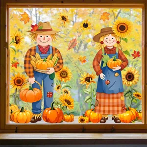 Autumn harvest scarecrow and pumpkin window stickers detail scene for festive glass decoration.