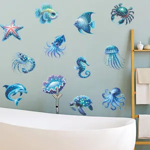 Leuchtende blaue Meeresbewohner Wandaufkleber für Badezimmer, wasserdichte PVC-Wandtattoos.