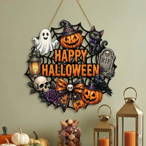 Cartello da Appendere in Legno Cavo per Halloween Gatto Nero Zucca Fantasma RIP Decorazione Murale Ornamento per Feste