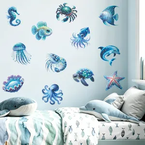 Blaue Meeresbewohner Wandaufkleber leuchtender Oktopus Quallen PVC selbstklebende Deko