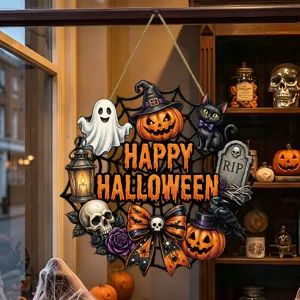 Cartello sospeso in legno Halloween dettaglio, fantasma spaventoso zucca e gatto nero.