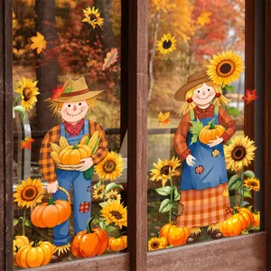 Autumn scarecrow pumpkin window sticker detail, Thanksgiving glass static cling decor scene.