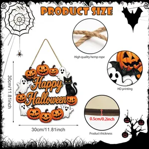 Segno appeso in legno di Halloween con gatto nero, zucca e fantasma, corda di canapa, taglia 30cm.