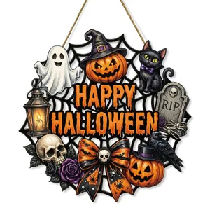Targa da appendere in legno di Halloween con gatto nero zucca e fiocco per decorazione.