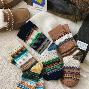 Vintage Fair Isle slouch socks for women and men, cozy thick knit winter mid-calf thermal hosiery.