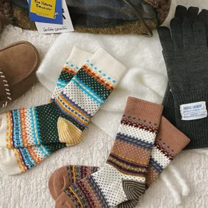 Cozy Fair Isle knit socks featuring retro patterns, thick wool blend, comfortable mid-calf fit.