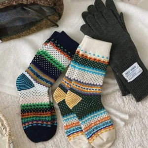 Retro Fair Isle knit mid-calf socks for women and men, cozy thick vintage winter hosiery.
