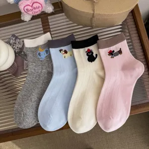 Cute cartoon animal embroidered women cotton socks detail view with ribbed cuffs and soft fabric.