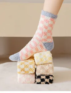 Soft fuzzy coral fleece checkerboard socks, thick warm sleep floor socks detail view.