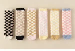Plush fuzzy checkerboard sleep socks, thick warm cozy winter floor socks for women.