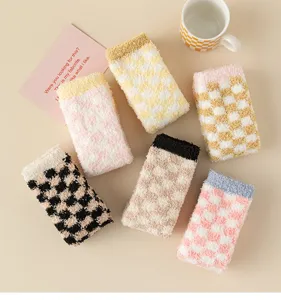 Cozy fuzzy coral fleece checkerboard winter warm sleep socks for women daily indoor wear