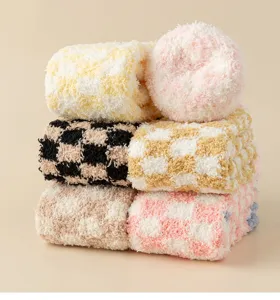 Fuzzy coral fleece socks women thick warm checkerboard home sleep floor socks soft cozy