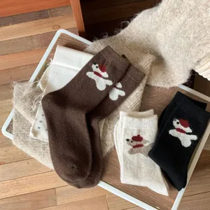 Thick winter warm wool socks cute dog pattern cozy middle tube socks for women daily