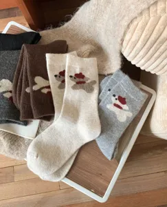Women winter thick warm wool socks cute cartoon puppy pattern slouchy mid tube cozy casual