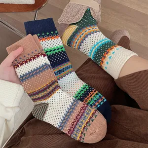 Retro Fair Isle patterned knit slouch socks for women and men, cozy thick thermal mid-calf socks.