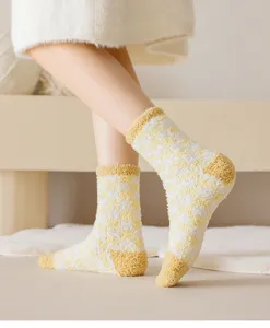 Fuzzy coral fleece plaid socks, thick warm home sleeping socks with cozy checkered design.