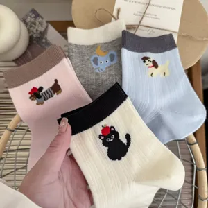 Cute cartoon women socks featuring lovely animals like dachshund and cat. Soft cotton crew socks.
