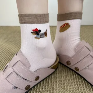 Cute dachshund embroidered women white mid-tube cotton socks, casual cartoon comfortable.