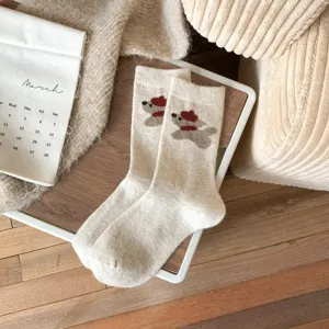 Chunky knit wool mid-tube socks featuring a cute puppy pattern, cozy winter home style detail.