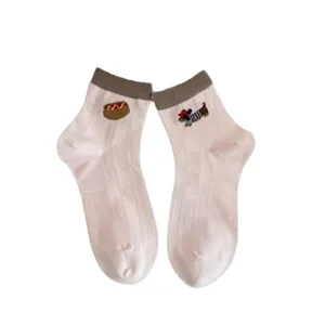 Cute dachshund and hotdog embroidered women socks, light pink short cotton socks for daily.