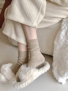 Cozy winter wool blend ribbed crew socks for women, thick warm thermal loungewear socks.
