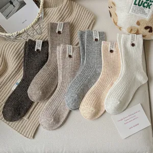 Thick knit wool blend mid-calf socks for women retro solid color warm winter cozy casual socks