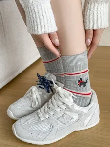 Cute embroidered puppy mid tube socks for women autumn winter casual knit hosiery