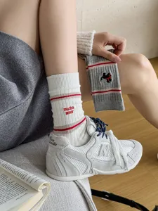 Autumn winter embroidered puppy mid-calf socks Japanese cute cartoon style stacking socks for women