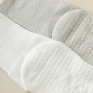 Non-slip yoga socks detail showing breathable fabric and silicone grip dots for fitness.