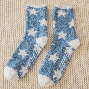 Women fuzzy coral fleece star socks anti-slip floor sleeping mid tube winter cozy socks