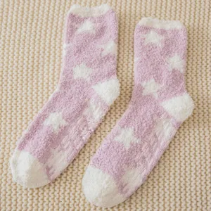 Pink and white fluffy star coral fleece socks detail, cozy winter sleep floor socks.